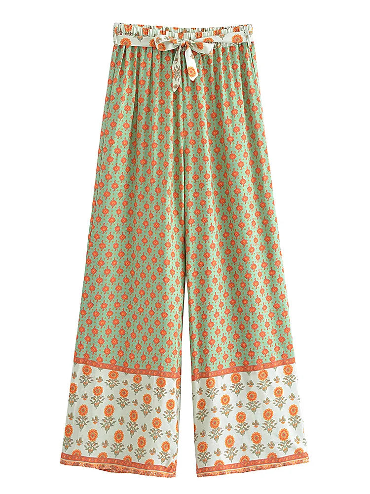 Floral Print Boho Wide Leg Pants - Green/Orange