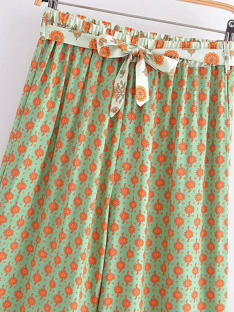 Floral Print Boho Wide Leg Pants - Green/Orange