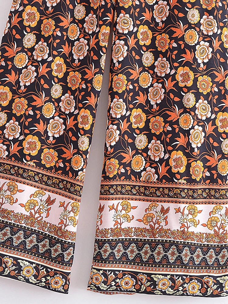 Floral Print Boho Wide Leg Pants - Orange/Black