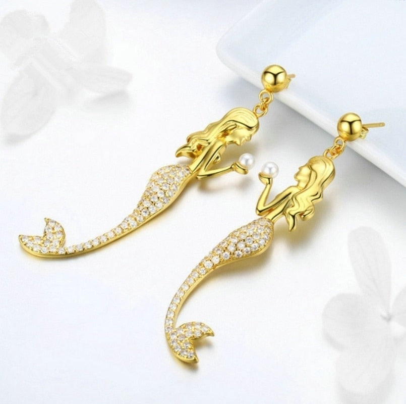 Gold Pearl Earring Mermaid Jewelry
