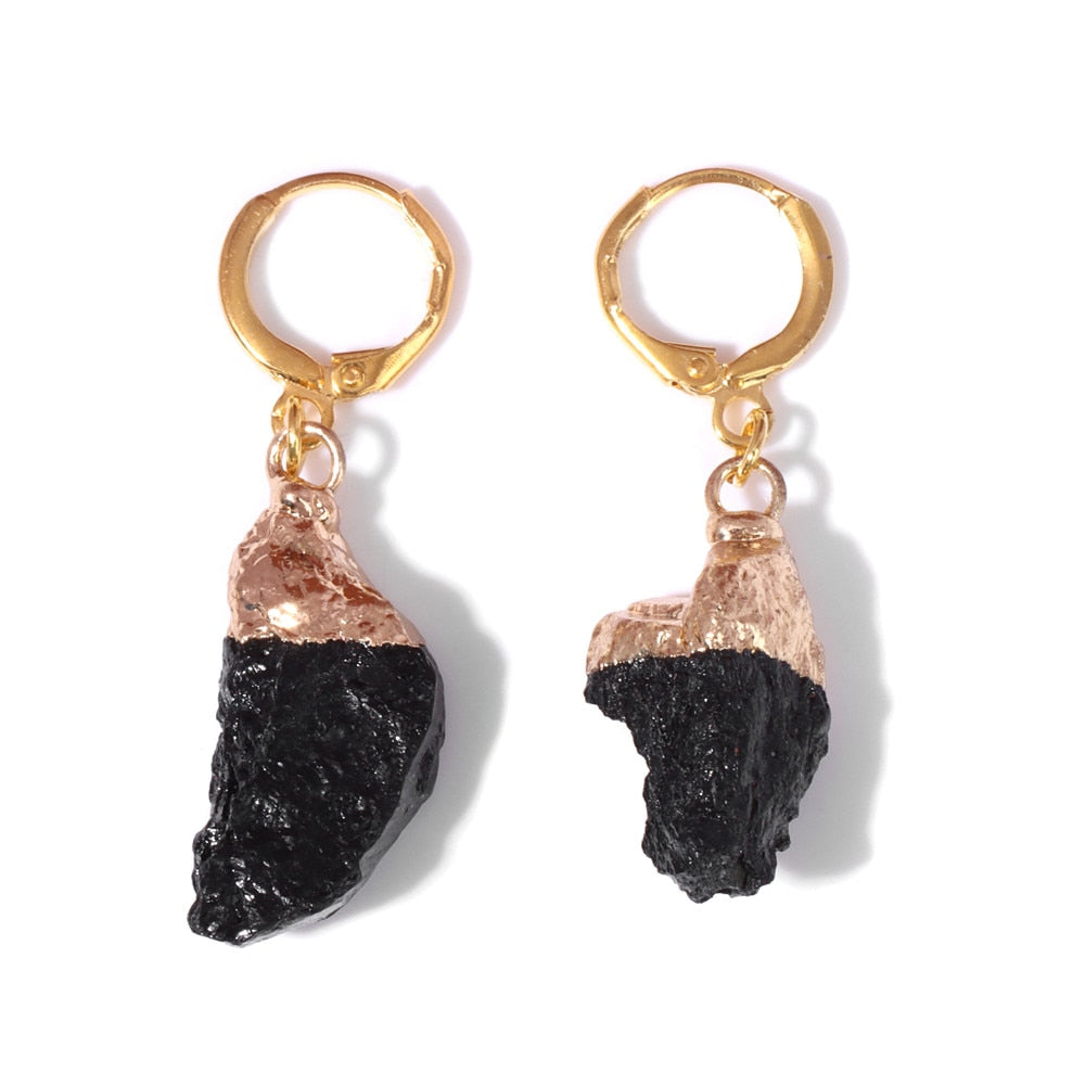 Chakra Balancing Natural Stone Jewelry Gold Earrings - Black Tourmaline